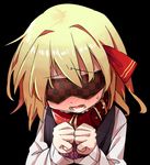  bdsm black_background blindfold blonde_hair blush bondage bound bound_wrists checkered collar facing_viewer hair_ribbon open_mouth ribbon rumia shamo_(koumakantv) solo touhou 