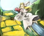  bad_id bad_pixiv_id barefoot blonde_hair capelet closed_eyes fairy field flying from_above hat laughing lily_white long_hair looking_back river scenery shuang9705 solo touhou water wide_sleeves wings 