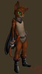  belt boots cape cat feline green_eyes leather male mammal puss_in_boots solo sword weapon 