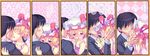  1girl :&gt; argyle argyle_background black_hair blonde_hair blush bow comic couple fang flandre_scarlet hand_behind_head hat hat_bow hetero highres hug imminent_kiss kawamura_tenmei purple_eyes star starry_background touhou translated wrist_cuffs 