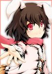  animal_ears border brown_hair bunny_ears carrot coat highres inaba_tewi kotaka outstretched_hand red_scarf scarf short_hair smile solo touhou 