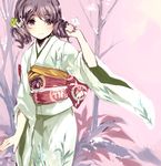  blush bug butterfly drill_hair flat_chest floral_print flower hair_flower hair_ornament insect japanese_clothes kimono lavender_eyes lavender_hair light_smile obi original pink_background sash solo standing tan_(tangent) twin_drills twintails wide_sleeves wind 
