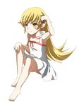  aburai_yui bare_shoulders barefoot blonde_hair blush_stickers doughnut dress food highres long_hair monogatari_(series) nisemonogatari oshino_shinobu pointy_ears solo yellow_eyes 