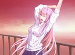  ;d absurdres arms_up bad_id bad_pixiv_id blue_eyes highres long_hair megurine_luka one_eye_closed open_mouth pink_hair smile solo sweater very_long_hair vocaloid zeroshiki_kouichi 