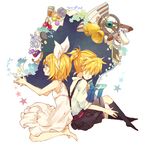  1girl 4_(nakajima4423) bad_id bad_pixiv_id barefoot bell blonde_hair blue_eyes brother_and_sister cup dress finger_to_mouth from_side hair_ornament hairband hairclip kagamine_len kagamine_rin plate rubik's_cube shorts siblings socks stuffed_animal stuffed_bunny stuffed_toy teacup twins vocaloid watch wristwatch 