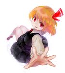  bad_id bad_pixiv_id blonde_hair fangs hair_ribbon open_mouth outstretched_arms red_eyes ribbon rumia short_hair simple_background solo touhou white_background yuubari_makuwa 