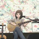  brown_eyes brown_hair commentary crossed_legs denim drawing guitar highres instrument jeans microphone music open_mouth original pants pen screen shirt short_hair singing sitting sleeves_rolled_up solo yajirushi_(chanoma) 