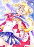  back_bow bishoujo_senshi_sailor_moon blonde_hair blue_background blue_eyes blue_sailor_collar blue_skirt bow brooch cape choker colored_pencil_(medium) double_bun earrings gloves hair_ornament hairpin highres holding holding_wand jewelry long_hair magical_girl mask moon_stick one_eye_closed pleated_skirt red_bow red_cape red_choker ribbon sailor_collar sailor_moon sailor_senshi_uniform skirt smile solo tiara tomo_(rocket_start!) traditional_media tsukino_usagi twintails wand watercolor_(medium) white_gloves 