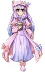  bad_id bad_pixiv_id blush book bow crescent dress full_body hair_bow hat hat_ribbon highres holding holding_book long_hair patchouli_knowledge purple_eyes purple_hair ribbon satoutakahumi solo striped touhou transparent_background vertical_stripes walking 