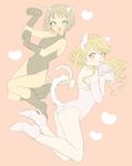  animal_ears bad_id bad_pixiv_id blonde_hair boots brown_eyes cat_ears cat_tail elbow_gloves fangs flat_color gloves green_eyes heart high_heels huang_baoling karina_lyle kemonomimi_mode leotard long_hair multiple_girls pale_color paw_pose shoes short_hair simple_background slit_pupils suho-i47 tail tiger_&amp;_bunny yellow_eyes 