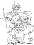  &gt;:) ahoge bow cape capelet crossed_arms greyscale grin hachi_(8bit_canvas) hair_bow hair_ribbon hat horn katana kazami_yuuka konngara lineart meira monochrome multiple_girls okazaki_yumemi outstretched_arms ribbon simple_background smile soga_no_tojiko sword tate_eboshi touhou touhou_(pc-98) umbrella v-shaped_eyebrows weapon white_background 