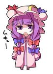  bow chibi crescent hair_bow hat hat_ribbon long_hair mukyuu open_mouth patchouli_knowledge purple_eyes purple_hair ribbon shamo_(koumakantv) simple_background solo standing touhou translated white_background 