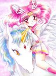  back_bow bishoujo_senshi_sailor_moon boots bow chibi_usa choker double_bun earrings gloves hair_ornament hairpin helios_(sailor_moon) highres horse jewelry knee_boots magical_girl multicolored multicolored_clothes multicolored_skirt pegasus pegasus_(sailor_moon) pink_footwear pink_hair pink_sailor_collar pleated_skirt red_eyes ribbon riding sailor_chibi_moon sailor_collar sailor_senshi_uniform short_hair skirt smile super_sailor_chibi_moon tiara tomo_(rocket_start!) twintails white_gloves 