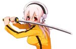  cosplay headphones katana nitroplus pink_hair super_soniko sword tsuji_santa weapon white yellow 