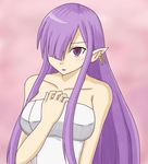  1girl bare_shoulders blush breasts earrings fatima female hair_over_one_eye jewelry long_hair luminous_arc luminous_arc_2 naked_towel pointy_ears purple_eyes purple_hair shy solo towel very_long_hair 