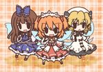  bad_id bad_pixiv_id black_hair blonde_hair blush bow brown_hair chestnut_mouth chibi dress drill_hair fang fushigi_ebi hair_bow hat long_hair luna_child maid_headdress multiple_girls obi open_mouth ribbon sash short_hair skirt smile star_sapphire sunny_milk touhou twintails wings 