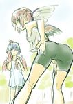  animal_ears ass bad_id bad_pixiv_id bike_shorts blue_hair from_behind hands_on_hips horns kneepits looking_back multicolored_hair multiple_girls mystia_lorelei open_mouth pink_eyes pink_hair red_eyes shiba_itsuki short_hair silver_hair sketch smile thigh_gap tokiko_(touhou) touhou towel two-tone_hair wings 