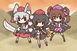  animal_ears bad_id bad_pixiv_id black_hair black_legwear blush brown_hair camera cellphone checkered checkered_skirt chibi detached_sleeves fan fang fushigi_ebi geta hat himekaidou_hatate inubashiri_momiji long_hair mountain multiple_girls necktie open_mouth phone shameimaru_aya shield shirt short_hair silver_hair skirt smile sword tengu-geta thighhighs tokin_hat touhou twintails weapon wings wolf_ears 