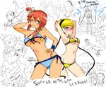  armpits banned_artist bare_shoulders bikini blonde_hair blush breasts engrish front-tie_top fuuro_(pokemon) gym_leader hand_on_hip hat headphones kamitsure_(pokemon) large_breasts multiple_girls navel one_eye_closed pokemon pokemon_(game) pokemon_bw ranguage red_hair short_hair sketch strap_gap swimsuit tribute underboob 