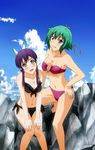  aquarion_(series) aquarion_evol bandeau bikini blue_eyes blush breasts cleavage cloud day frilled_bikini frills front-tie_top green_hair grin hand_on_hip highres long_hair looking_at_viewer medium_breasts mikono_suzushiro multiple_girls nasty6452 navel purple_hair shiny shiny_skin short_hair side-tie_bikini sky smile swimsuit zessica_wong 