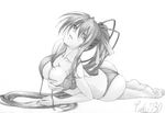  ass bikini breasts cleavage covering covering_breasts front-tie_top greyscale high_school_dxd highres himejima_akeno large_breasts long_hair looking_at_viewer lying monochrome on_stomach open_mouth ponytail solo swimsuit taku730 untied 