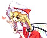 :d blonde_hair blown_kiss crystal fang flandre_scarlet hat hat_ribbon heart leaning_forward low_wings open_mouth red_eyes ribbon shamo_(koumakantv) short_hair simple_background smile solo touhou white_background wings wrist_cuffs 