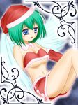  bare_shoulders blue_eyes breasts christmas green_hair hat luminous_arc luminous_arc_2 midriff navel sadie santa_costume santa_hat wings 