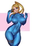  arms_up blonde_hair blue_bodysuit blue_eyes blush bodysuit bokuman breasts covered_navel erect_nipples gun high_ponytail hips holding holding_gun holding_weapon large_breasts metroid nintendo parted_lips ponytail samus_aran skin_tight smile standing thick_thighs thigh_strap thighlet thighs weapon zero_suit 