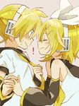  1boy 1girl 4_(nakajima4423) bare_shoulders blonde_hair blue_eyes blush brother_and_sister closed_eyes detached_sleeves from_side hairband headphones holding_hands imminent_kiss kagamine_len kagamine_rin necktie necktie_grab neckwear_grab siblings twins vocaloid yellow_neckwear 