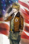  america_(hetalia) america_(hetalia)_(cosplay) american_flag axis_powers_hetalia bespectacled black_gloves blonde_hair blue_eyes bomber_jacket cosplay flag_background glasses gloves hat jacket keith_goodman male_focus patriotism salute sleeves_rolled_up solo tiger_&amp;_bunny wakadori 
