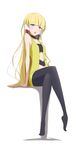  absurdres bare_shoulders black_legwear blonde_hair blue_eyes crossed_legs highres kamitsure_(pokemon) long_hair open_mouth pantyhose pokemon pokemon_(game) pokemon_bw sakuragawa_mionoketsu sitting solo very_long_hair 