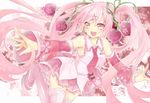  boots cherry detached_sleeves food fruit hair_ornament hair_ribbon hairclip hatsune_miku headset long_hair necktie open_mouth outstretched_arms pink_eyes pink_hair ribbon sakura_miku skirt solo spread_arms thigh_boots thighhighs twintails uruhara_ryuuku very_long_hair vocaloid 