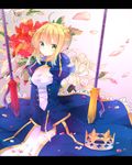  ahoge ajuvyrvosjfj artoria_pendragon_(all) blonde_hair cleavage_cutout crown dress fate/zero fate_(series) flower gae_buidhe gae_dearg green_eyes hair_ribbon long_sleeves petals polearm puffy_sleeves ribbon saber sitting solo spear weapon 