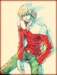  bad_id bad_pixiv_id barnaby_brooks_jr blonde_hair blue_eyes faux_traditional_media glasses hand_in_pocket iduki_daku jacket male_focus red_jacket solo tiger_&amp;_bunny vignetting 