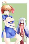  ahoge blue_hair breasts china_dress chinese_clothes cleavage_cutout cube_x_cursed_x_curious dress fear_kubrick glasses green_eyes hair_ribbon muramasa_konoha orange_hair panties red_eyes ribbon underwear 