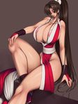 1girl areola_slip areolae ass bare_shoulders bow breasts brown_eyes brown_hair cleavage collarbone curvy erect_nipples fatal_fury fingerless_gloves gigantic_breasts gloves hair_bow hair_ornament happy high_ponytail highres hips huge_breasts japanese_clothes kimono king_of_fighters knees konekonewasabii large_areolae leg_up legs long_hair looking_at_viewer lying midriff mound_of_venus ninja nipples ponytail sandals shiranui_mai short_kimono sideboob sitting smile snk socks solo tartelette thighhighs thighs wasabi_konekone wide_hips 