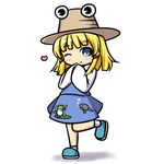  ;) blonde_hair blue_eyes hands_together hat heart kou512a moriya_suwako one_eye_closed own_hands_together simple_background smile solo standing standing_on_one_leg touhou white_background 
