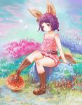  animal_ears bandaid bandaid_on_knee bare_arms blue_eyes blush boots brown_footwear cross-laced_footwear dress elin_(tera) fly_agaric fox_ears full_body knee_boots lace-up_boots mushroom panties pantyshot pantyshot_(sitting) purple_hair sayukisayuki short_hair sitting solo tail tera_online underwear 