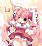  animal_ears bare_shoulders bow bunny_ears choker di_gi_charat dice_hair_ornament hair_bow hair_ornament heart highres long_hair official_style one_eye_closed pink_hair puffy_sleeves ribbon ribbon_choker skirt skrment solo twintails usada_hikaru v waitress 