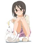  black_hair brown_eyes cat cat_teaser collarbone glasses highres idolmaster idolmaster_cinderella_girls kamijou_haruna sandals short_hair sitting smile takeya_yuuki white_background 