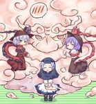  ^_^ alternate_color blue_hair blush bow capelet chibi closed_eyes dual_persona frills green_eyes hat hat_ribbon hetero hood hug kumoi_ichirin multiple_girls nagae_iku open_mouth player_2 pote_(ptkan) purple_hair ribbon shawl shirt short_hair silver_hair skirt smile spoken_blush touhou unzan 