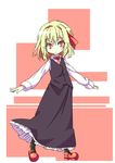  black_skirt black_vest blonde_hair dress_shirt hair_ribbon highres long_skirt long_sleeves mary_janes necktie outstretched_arms pantyhose red_eyes ribbon rumia shamo_(koumakantv) shirt shoes skirt solo standing touhou vest 