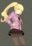  blonde_hair fang jacket kouji_(campus_life) long_hair md5_mismatch monogatari_(series) nisemonogatari older oshino_shinobu pantyhose pointy_ears side_ponytail simple_background skirt smile solo teenage yellow_eyes 