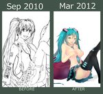  aqua_eyes aqua_hair artist_progress bad_proportions before_and_after blush breasts covering covering_breasts hatsune_miku large_breasts long_hair magister_(medical_whiskey) monochrome necktie panties skirt solo thighhighs topless twintails underwear vocaloid 