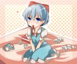  bad_id bad_pixiv_id blue_eyes blue_hair bow cirno hair_bow heart mouth_hold panties panties_removed pikojirokurao ribbon sitting socks_removed solo striped striped_panties tissue tissue_box touhou underwear v_arms wariza 