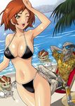  1girl alien baby beach bikini breasts brown_hair can commander_shepard commander_shepard_(female) couple diaper garrus_vakarian green_eyes hamster hawaiian_shirt hetero jpeg_artifacts krogan large_breasts mass_effect mass_effect_3 one_eye_closed scouter shirt short_hair swimsuit turian yukiyanagi 