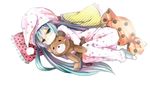  :&gt; aqua_eyes aqua_hair blush bonnet hatsune_miku lolicon_de_yokatta_(vocaloid) long_hair lying nekoame on_side pajamas pillow solo stuffed_animal stuffed_toy teddy_bear twintails very_long_hair vocaloid 