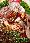  akasia alternate_costume beads dragon eastern_dragon fujiwara_no_mokou highres open_mouth sharp_teeth solo teeth touhou 