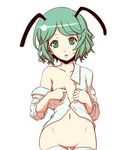  antennae areola_slip areolae bare_shoulders bottomless dearmybrothers dress_shirt face flat_chest green_hair looking_at_viewer naked_shirt navel no_pussy off_shoulder shirt short_hair sleeves_pushed_up solo thighhighs touhou undressing white_legwear wriggle_nightbug 