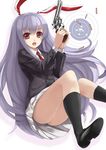  animal_ears bad_id bad_pixiv_id black_legwear blazer bullet bunny_ears cartridge finger_on_trigger gun handgun holding holding_gun holding_weapon jacket kneehighs lavender_hair legs long_hair looking_at_viewer necktie open_mouth red_eyes reisen_udongein_inaba revolver shiny shiny_skin sitting skirt solo takemori_shintarou touhou very_long_hair weapon 